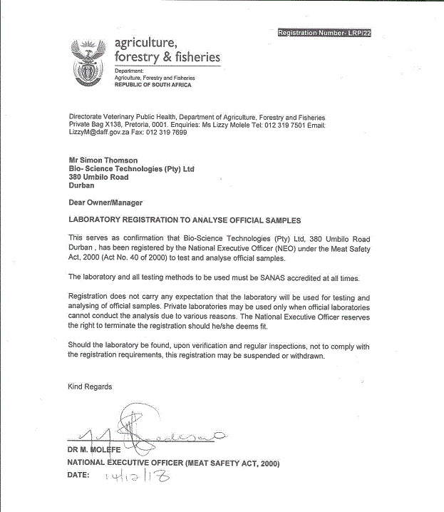DAFF Laboratory Registration Meat Safety Act
