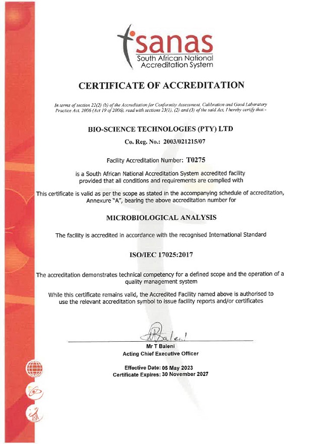 SANAS Certificate of Accreditation
