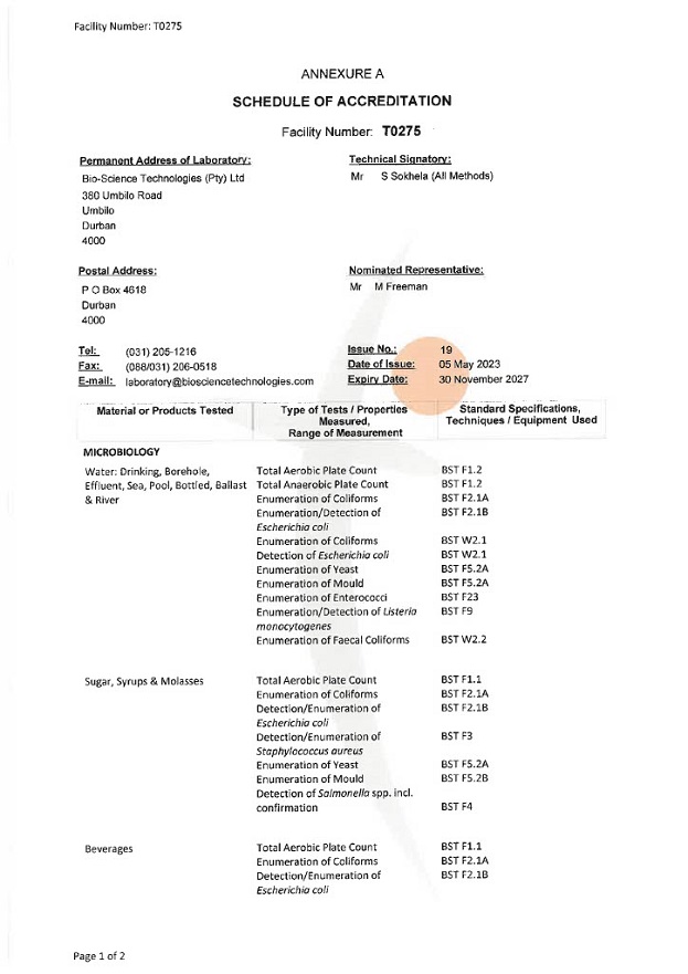 SANAS Schedule of Accreditation